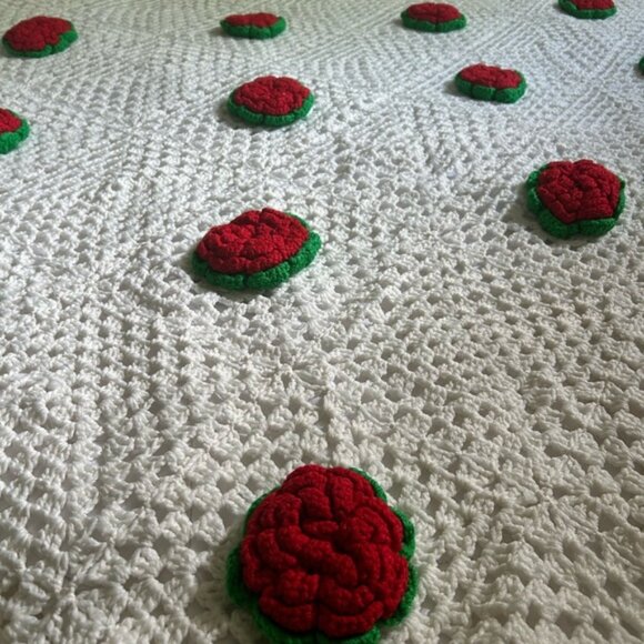 Vintage Boho Crochet Blanket with Red and Green Floral Rose Accents 104 inchX93 - Picture 8 of 16